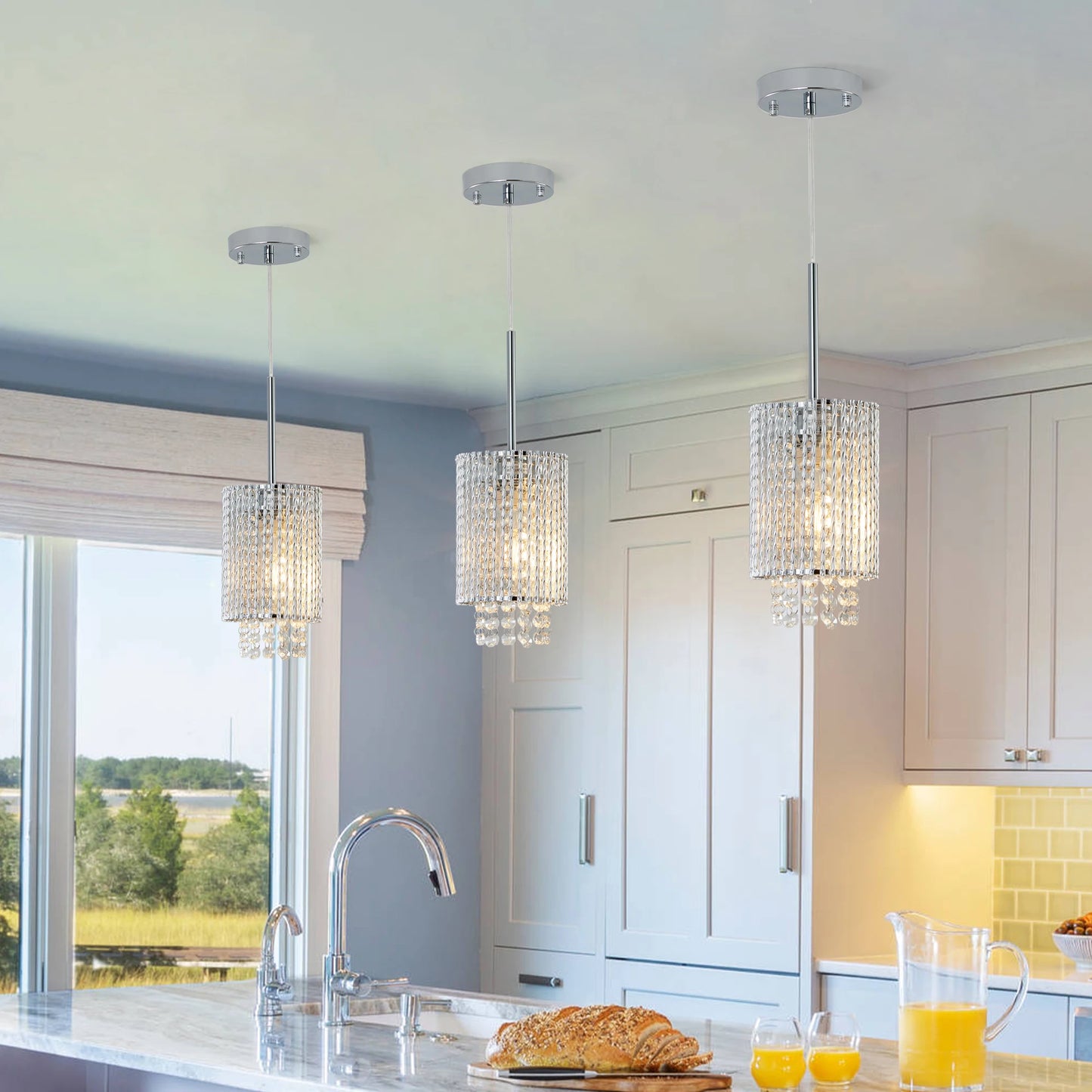 3-Pack Chrome K9 Crystal Pendant Lights – Adjustable Raindrop Chandelier Set for Kitchen Island