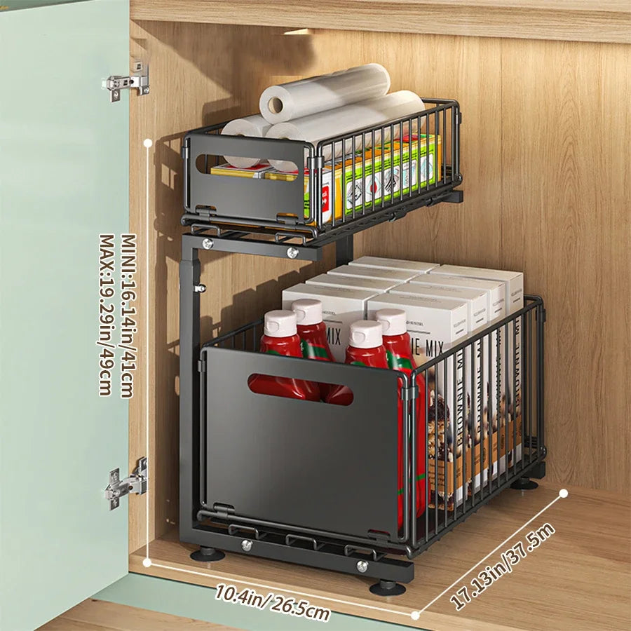 2 Tier Pull Out Under Sink Organizer Sliding Cabinet Storage Rack Space Saving Kitchen and Bathroom Organizer Multi Purpose Storage Shelf Easy Assembly