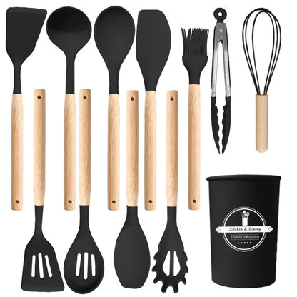 Silicone Kitchen Utensils Set Wooden Handle