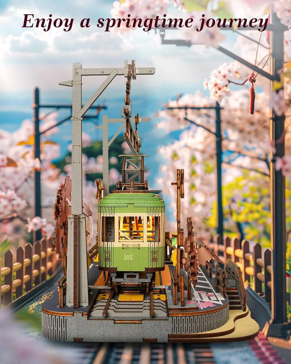 Robotime Sakura Journey Tram 3D Wooden Puzzle Model Kit with LED Lights, 223 Pieces