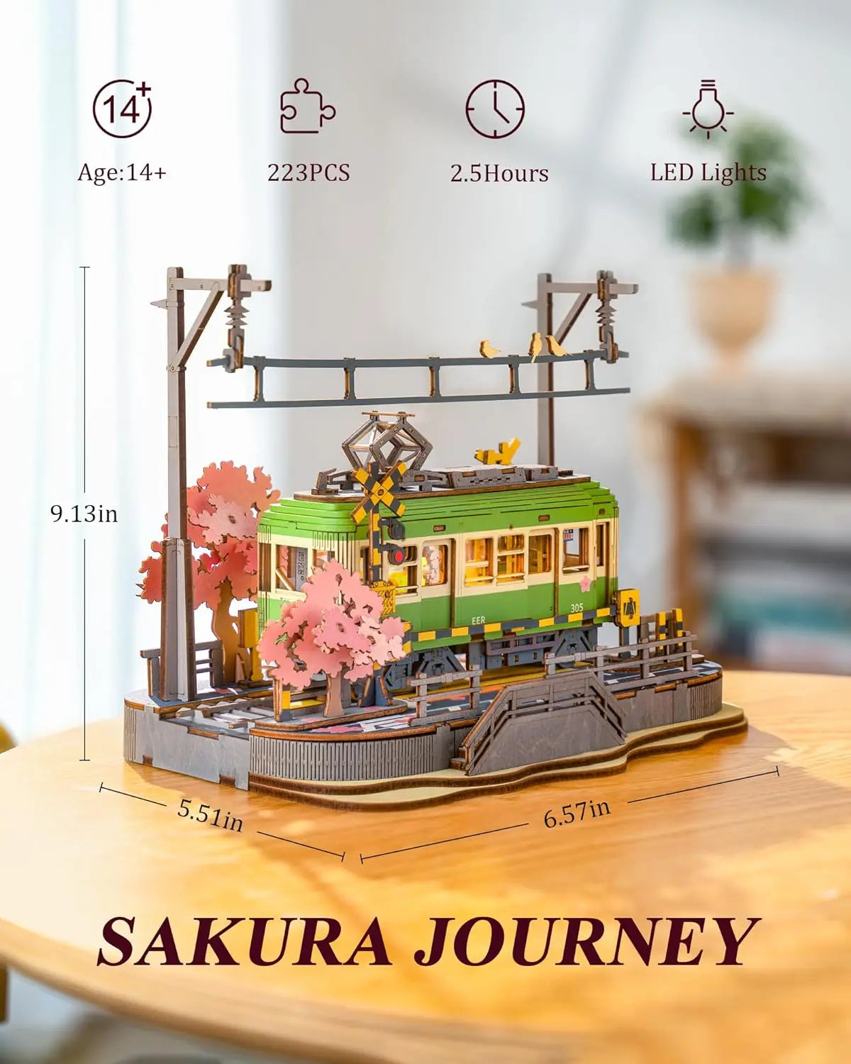 Robotime Sakura Journey Tram 3D Wooden Puzzle Model Kit with LED Lights, 223 Pieces