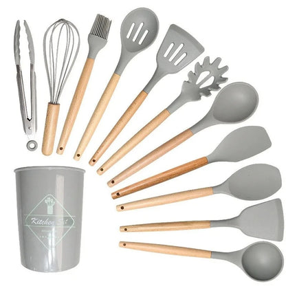 Silicone Kitchen Utensils Set Wooden Handle