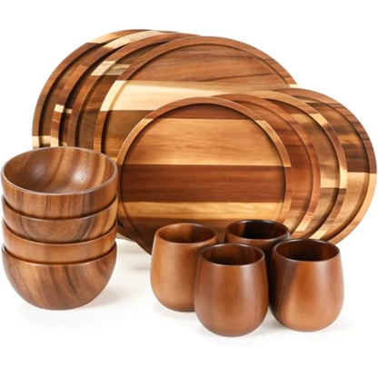 16 Pcs Acacia Wood Dinnerware Set Round Wooden Plates
