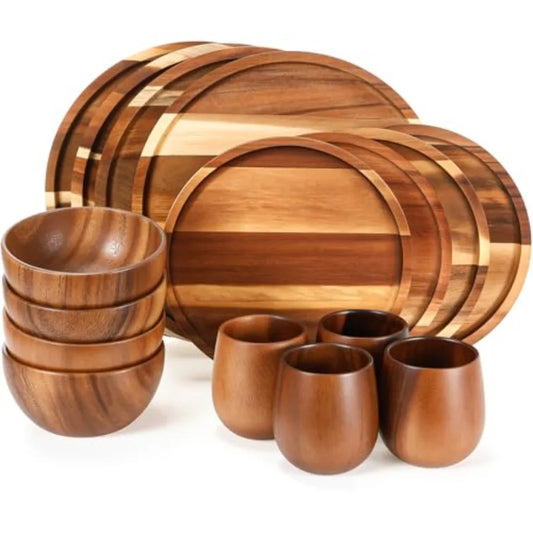 16 Pcs Acacia Wood Dinnerware Set Round Wooden Plates
