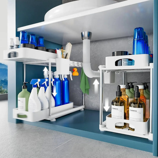 2 Pack Under Sink Organizers and Storage, Double Sliding Kitchen Cabinet Organizer, Adjustable Countertop Organizer