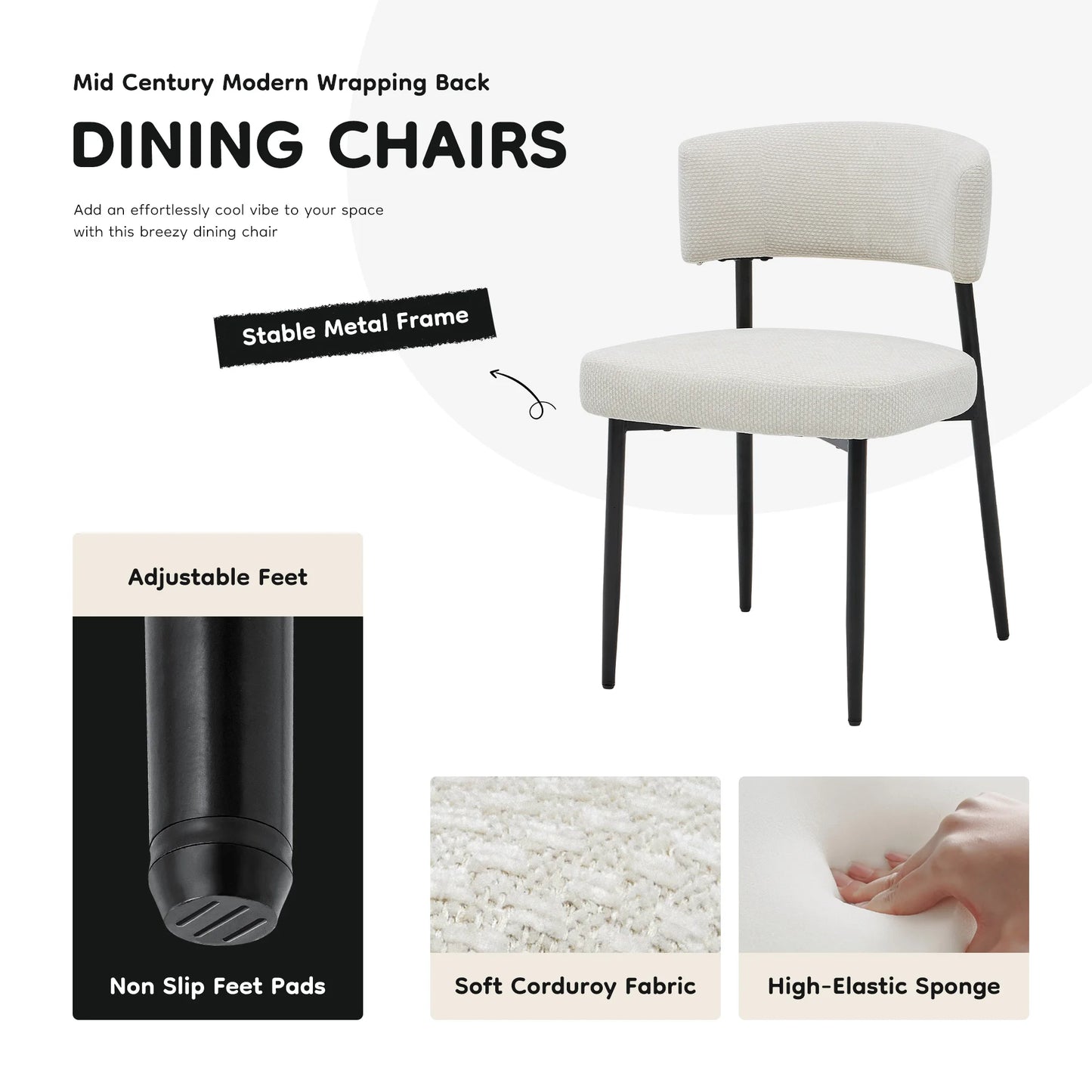 Set of 4 Round Fabric Dining Chairs with Metal Legs