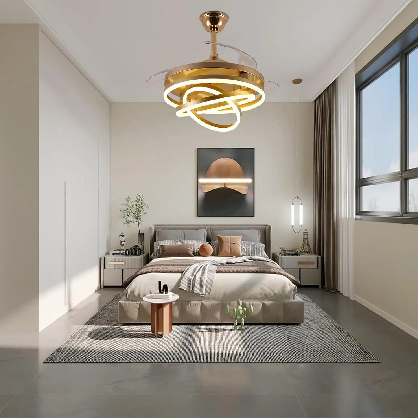Ceiling Fan And Chandelier with Cascading Crystal String Silent
