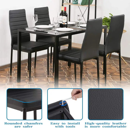 5-Piece Black Glass Dining Table Set with 4 Chairs