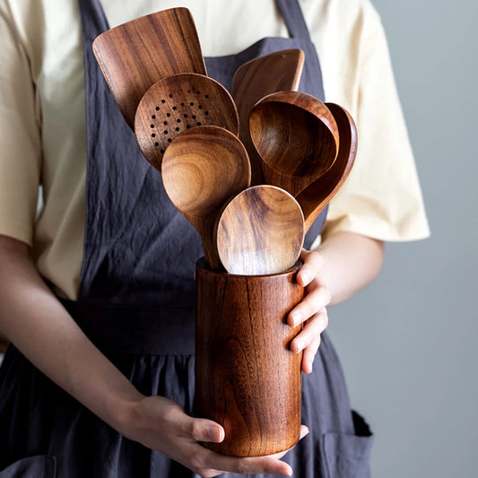 Wooden Kitchen Utensil Set with Holder
