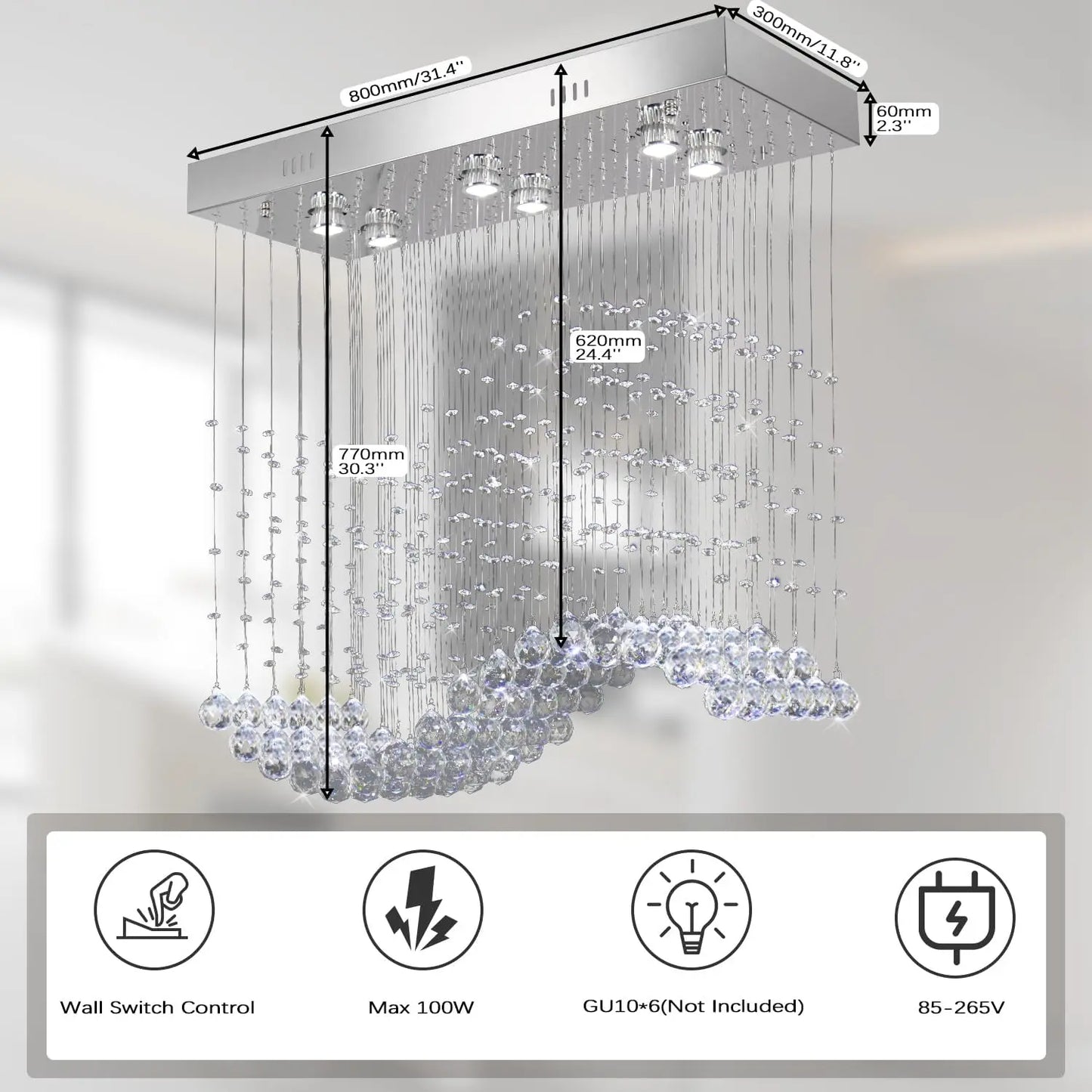 Rectangular Linear Crystal Chandelier for Kitchen Island,