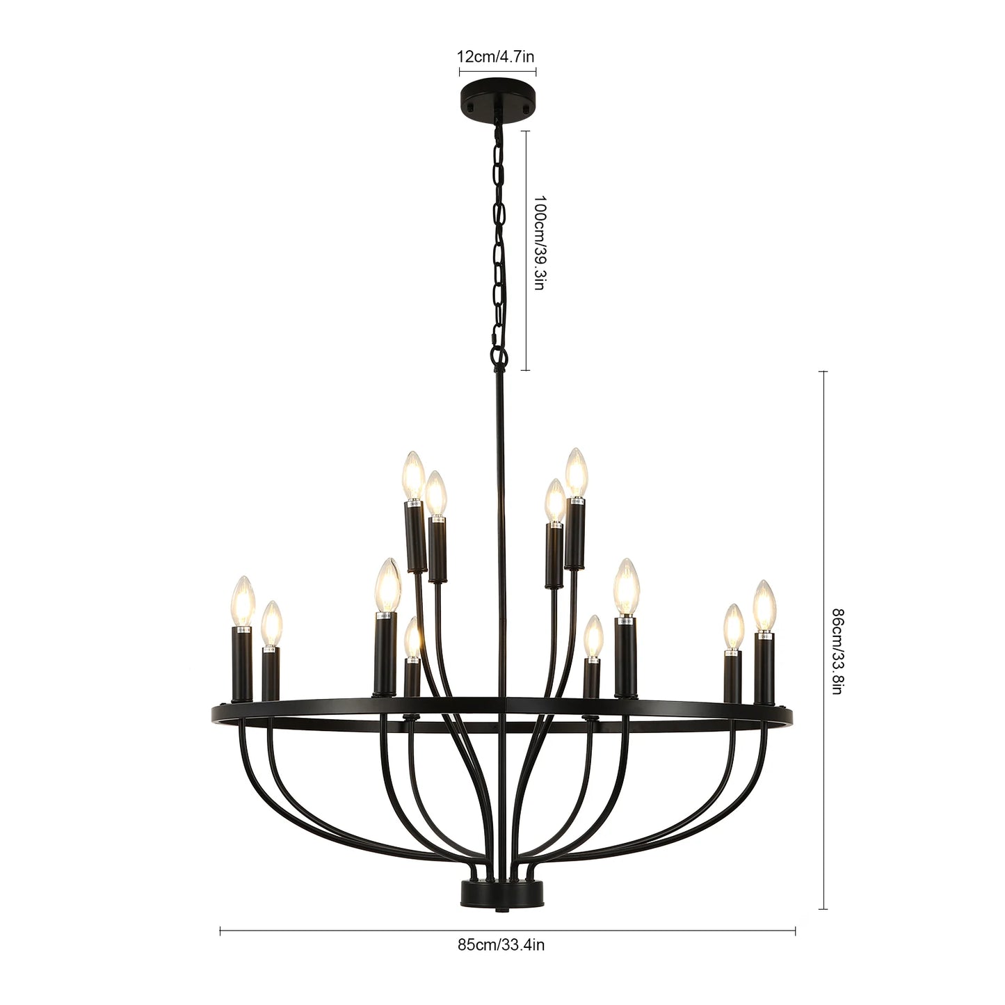 12-Light Black Farmhouse Chandelier – Industrial Round Pendant Light