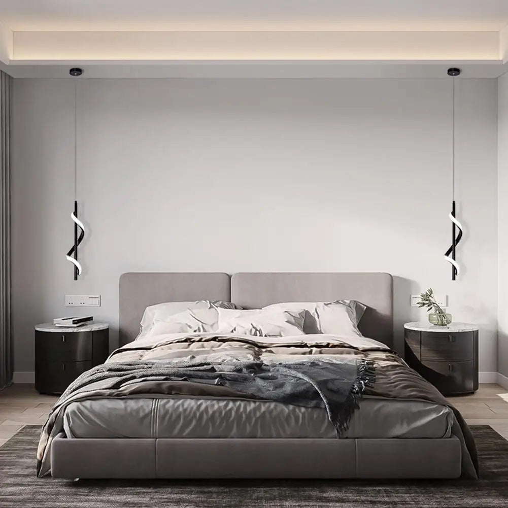 Nordic Spiral Minimalist LED Pendant Light – Beige Metal Ceiling Chandelier for Bedroom & Study