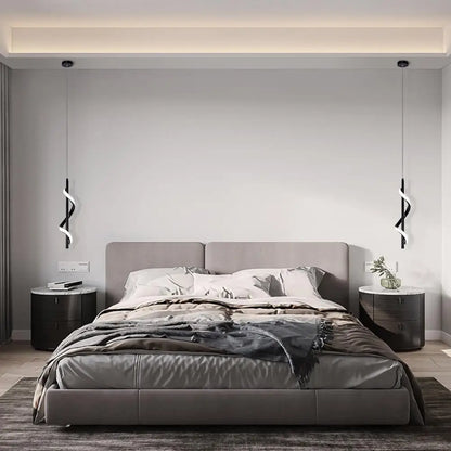 Nordic Spiral Minimalist LED Pendant Light – Beige Metal Ceiling Chandelier for Bedroom & Study
