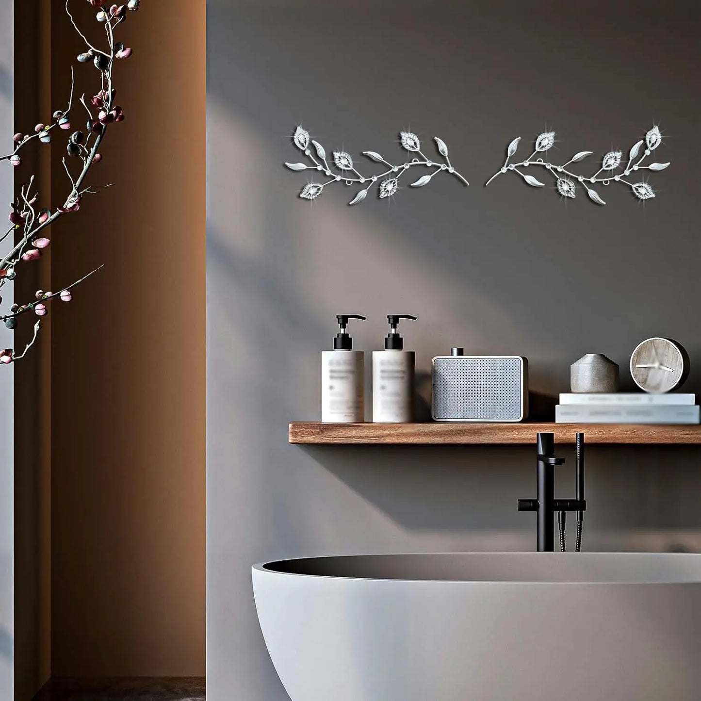 2-Piece Silver Crystal Leaf Wall Art – Modern 3D Metal Decor Set