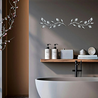 2-Piece Silver Crystal Leaf Wall Art – Modern 3D Metal Decor Set