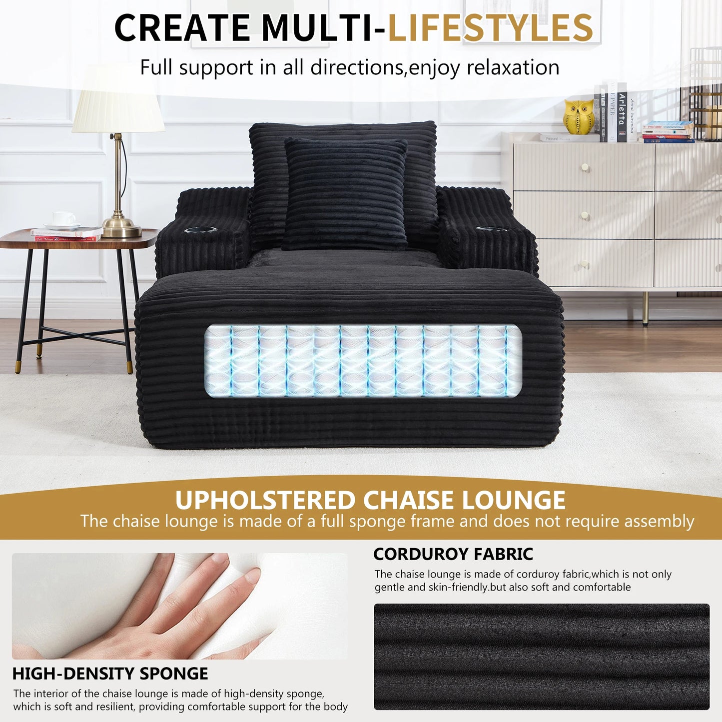 67" Corduroy Indoor Chaise Lounge Chair