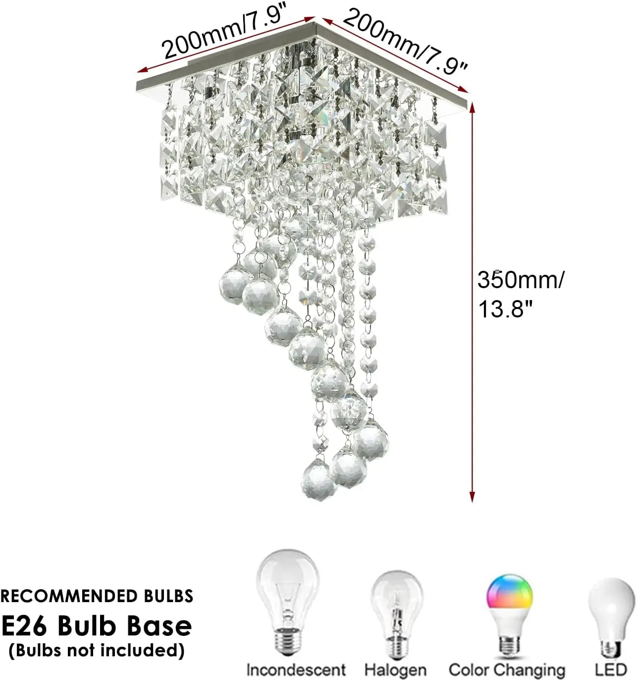 Mini K9 Crystal Flush Mount Chandelier – 7.9" Square Ceiling Light, E26 Base, UL Listed