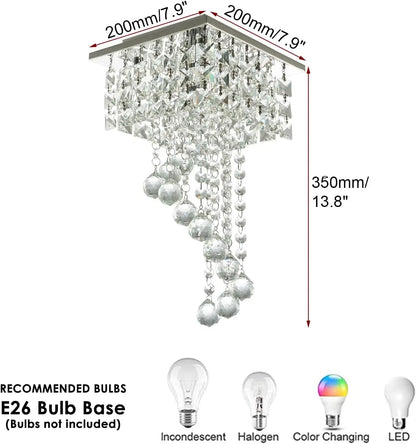 Mini K9 Crystal Flush Mount Chandelier – 7.9" Square Ceiling Light, E26 Base, UL Listed