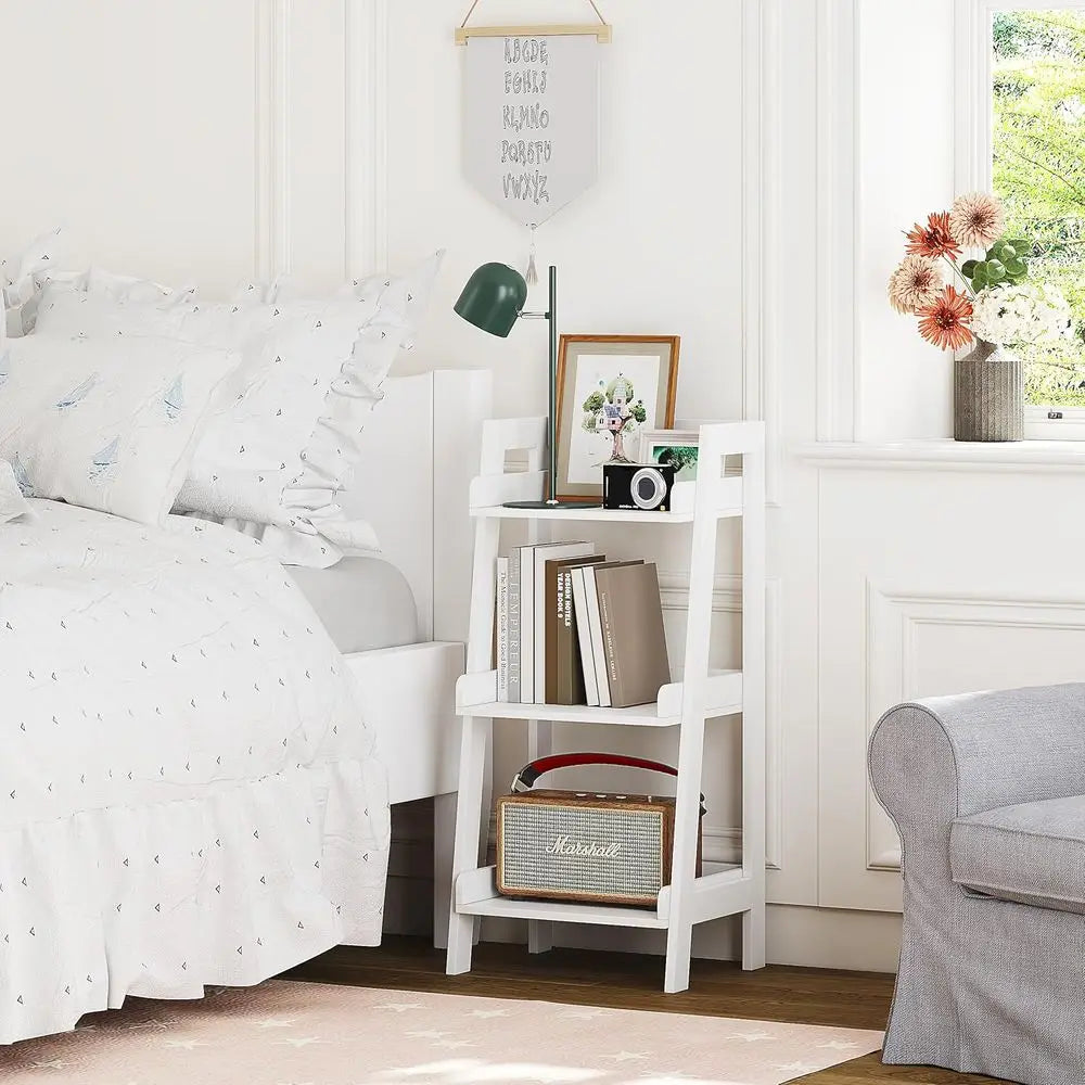 3-Tier Open Wooden Ladder Shelf, Space-Saving White Bathroom Storage