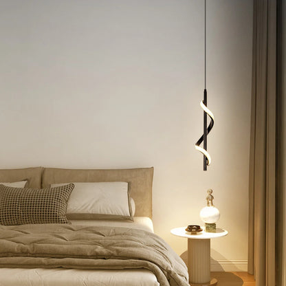 Nordic Spiral Minimalist LED Pendant Light – Beige Metal Ceiling Chandelier for Bedroom & Study