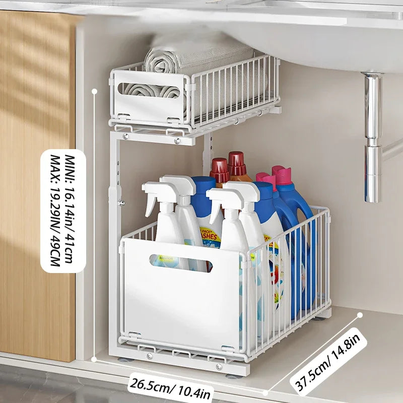 2 Tier Pull Out Under Sink Organizer Sliding Cabinet Storage Rack Space Saving Kitchen and Bathroom Organizer Multi Purpose Storage Shelf Easy Assembly