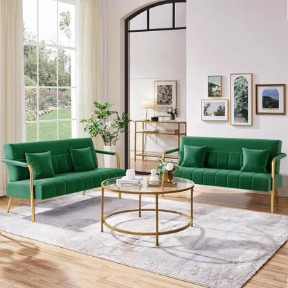 Modern Velvet Sofa with Gold Metal Arms 56.5