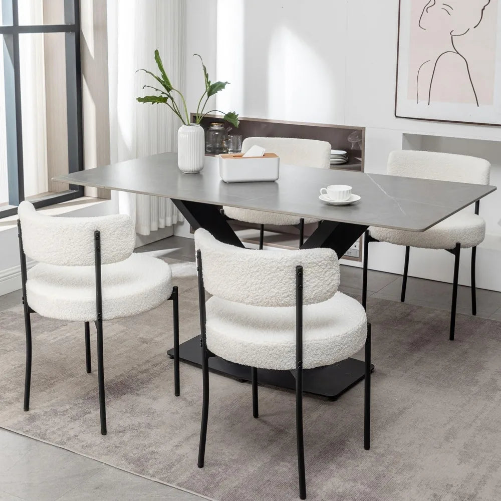 White Bouclé Dining Chairs Set of 4