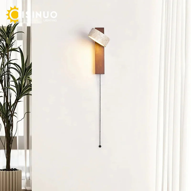 Wabi Sabi Travertine Wall Lamp – Walnut LED Bedroom Light