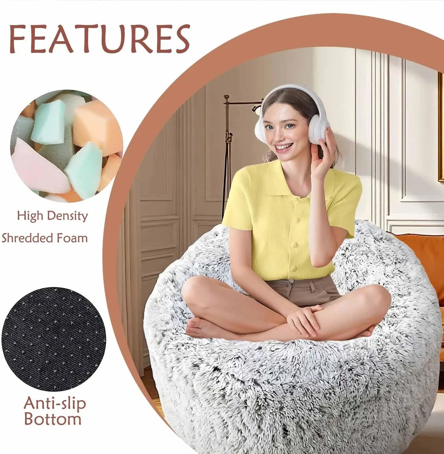 Ultra-Soft Faux Fur Memory Foam Bean Bag Chair – Grey