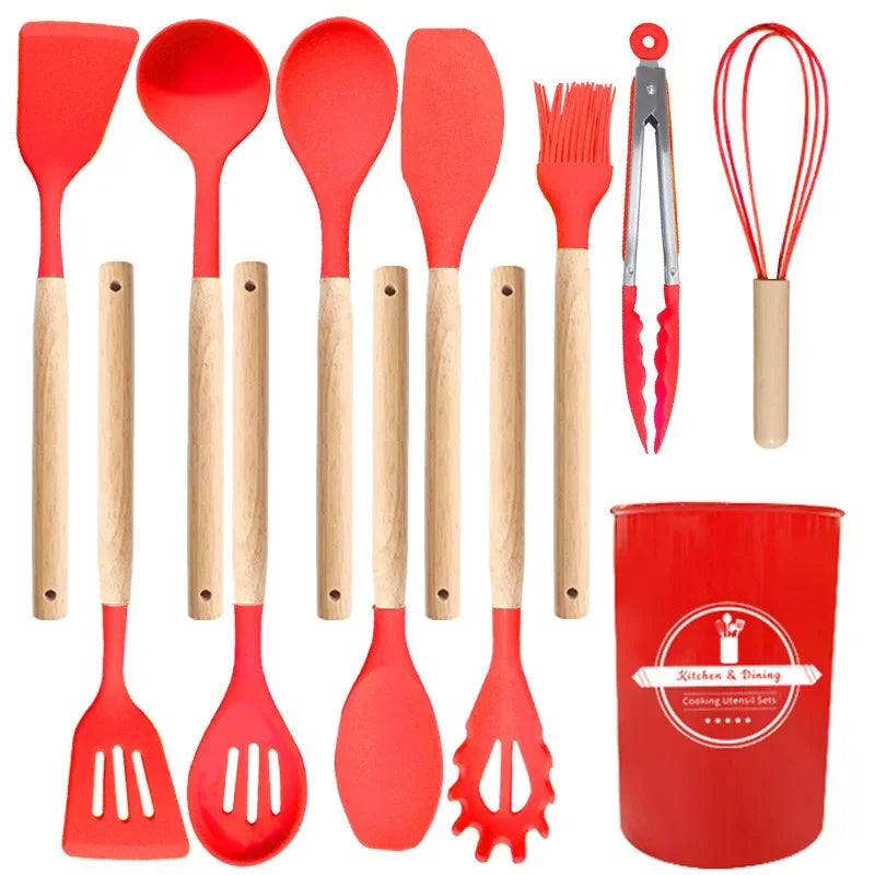 Silicone Kitchen Utensils Set Wooden Handle