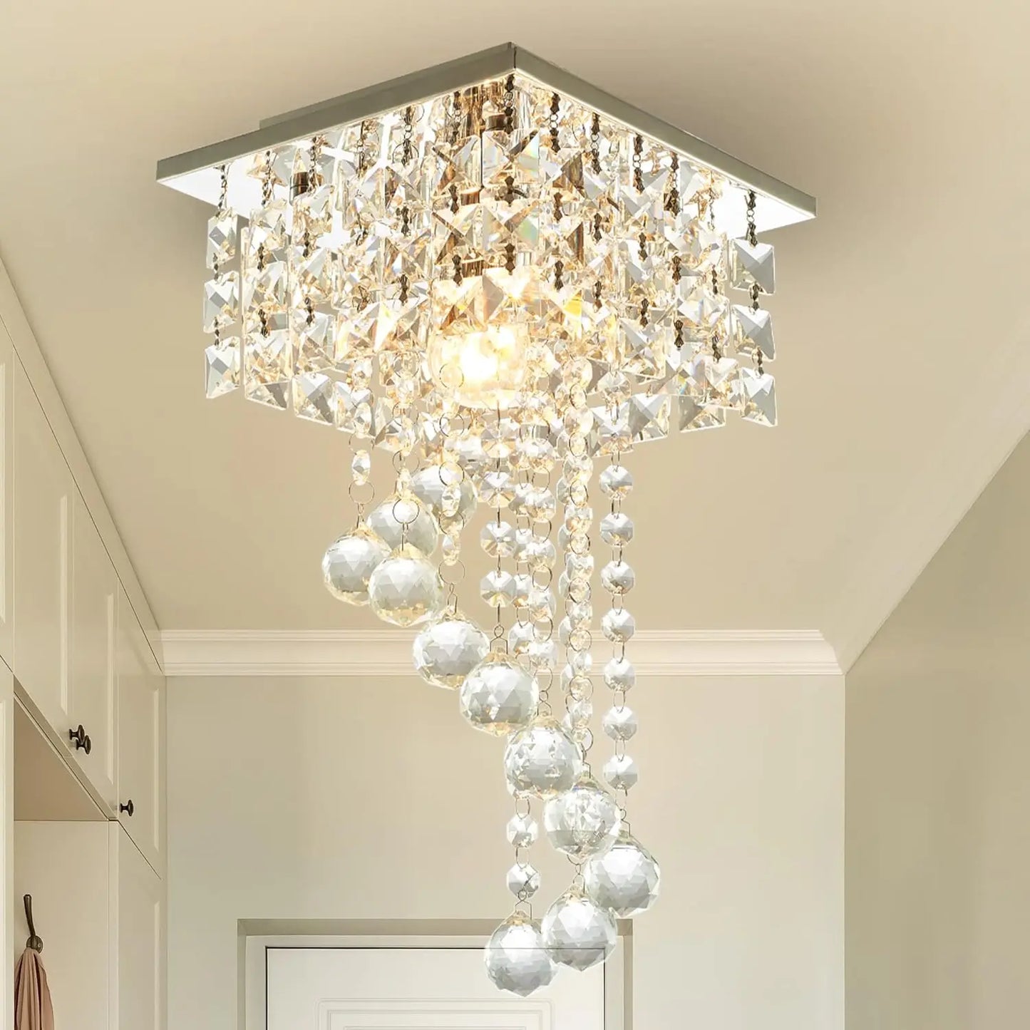 Mini K9 Crystal Flush Mount Chandelier – 7.9" Square Ceiling Light, E26 Base, UL Listed