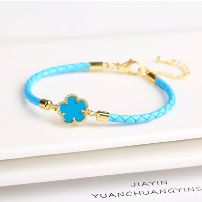 Leather Woven Flower Charm Bracelet