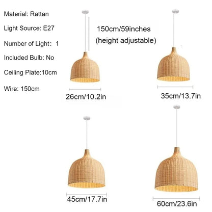 Boho Bamboo Rattan Pendant Chandelier – Handwoven E27 Ceiling Lamp for Bedroom & Kitchen Island