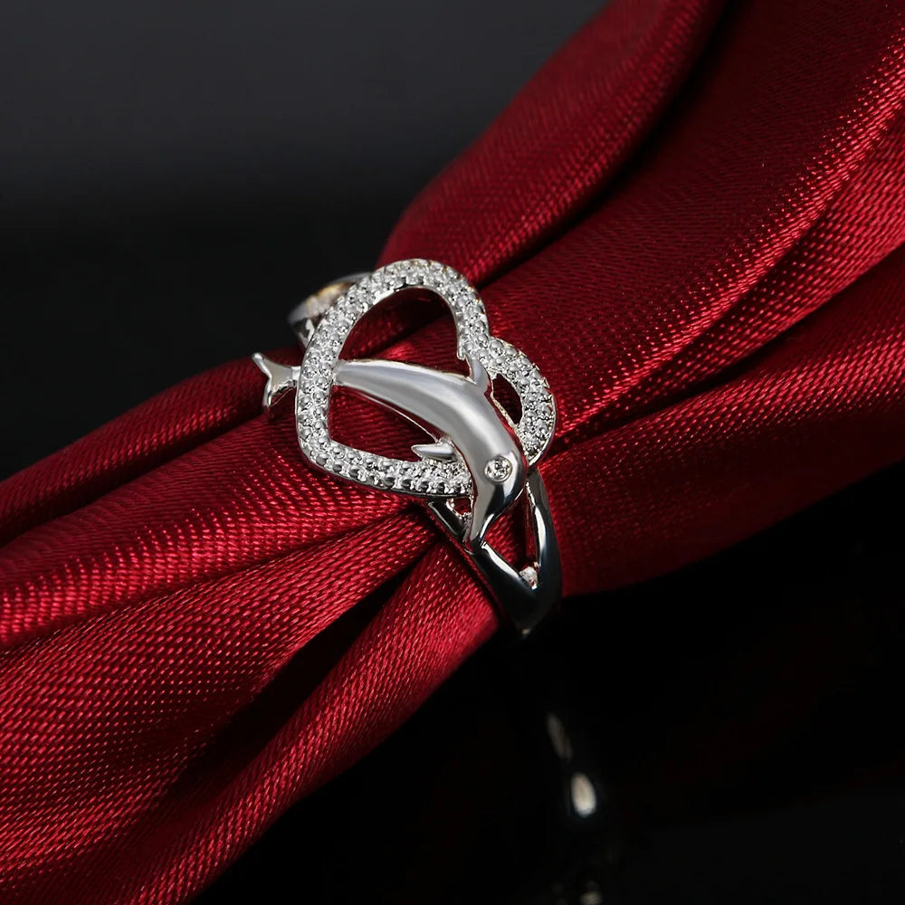 Sterling Silver Love Dolphins Ring