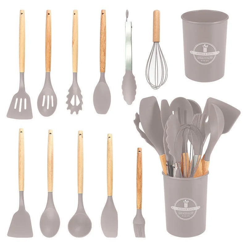 Silicone Kitchen Utensils Set Wooden Handle