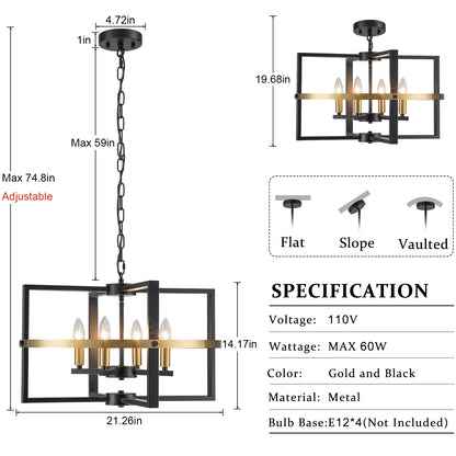 4-Light Black Gold Chandelier – Modern Industrial Pendant Light for Entryway & Dining Room
