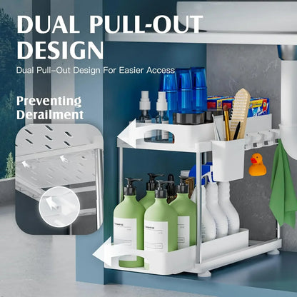 2 Pack Under Sink Organizers and Storage, Double Sliding Kitchen Cabinet Organizer, Adjustable Countertop Organizer