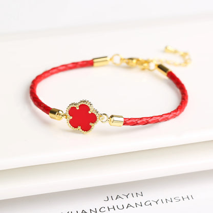 Leather Woven Flower Charm Bracelet