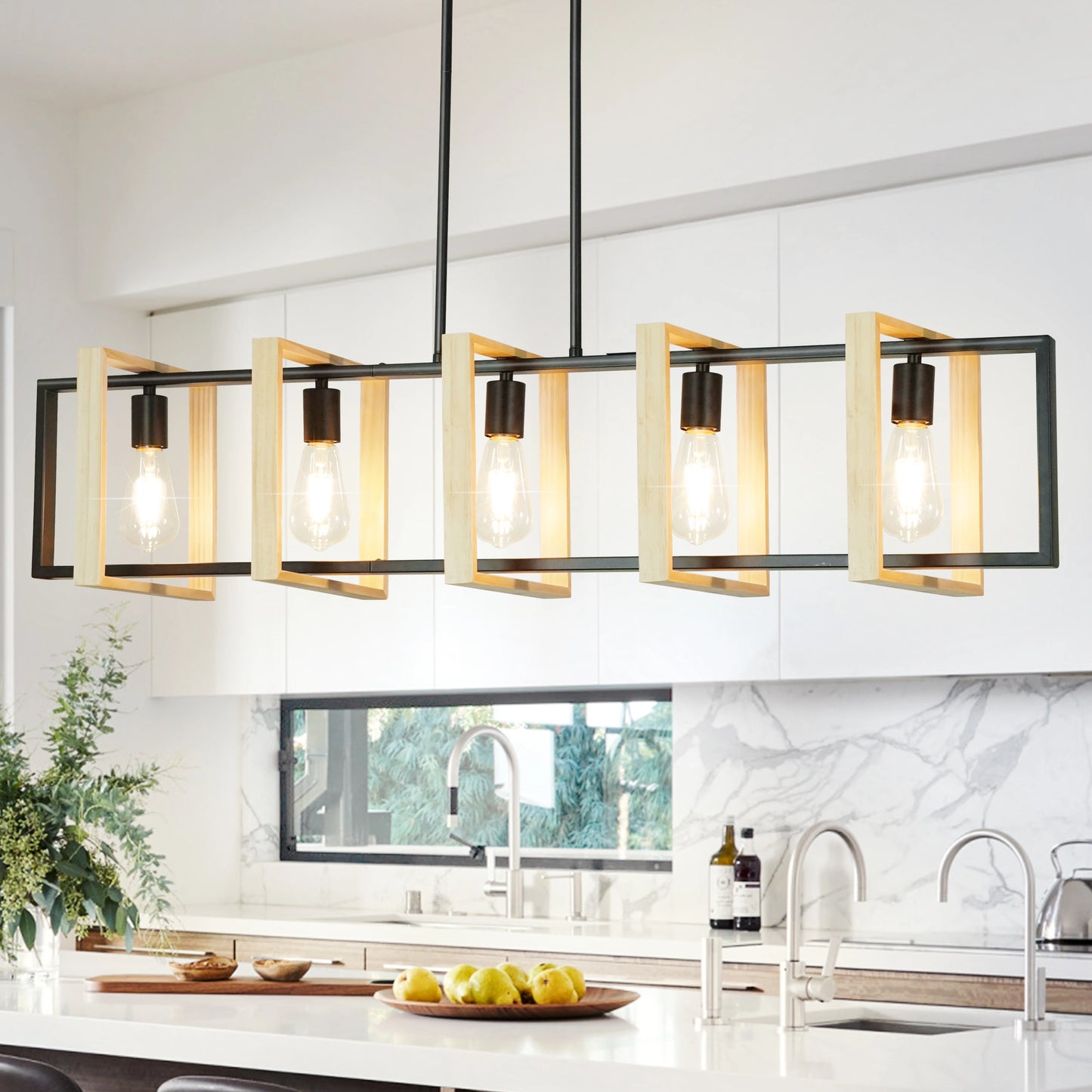 Farmhouse Kitchen Island Pendant Light – Dimmable Wood Shade Chandelier for Dining Room