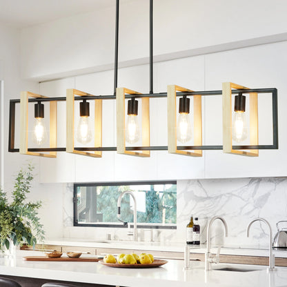 Farmhouse Kitchen Island Pendant Light – Dimmable Wood Shade Chandelier for Dining Room