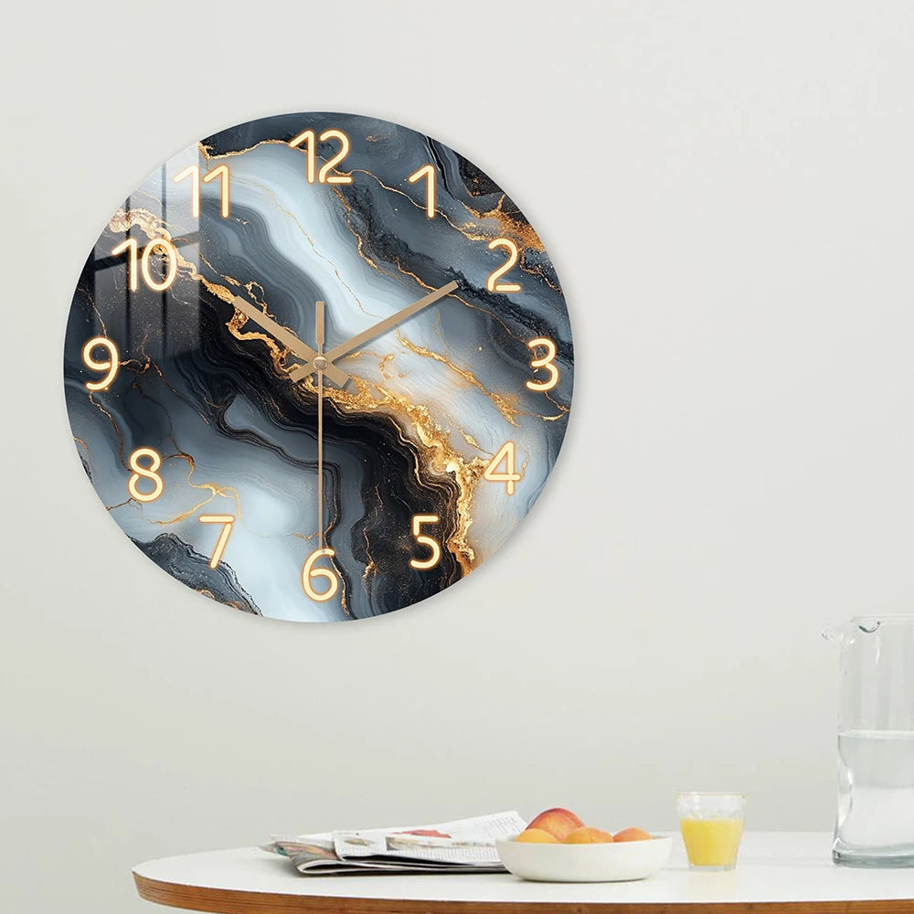 Blue Gold Marble Wooden Wall Clock
