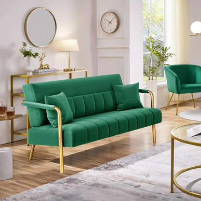 Modern Velvet Sofa with Gold Metal Arms 56.5