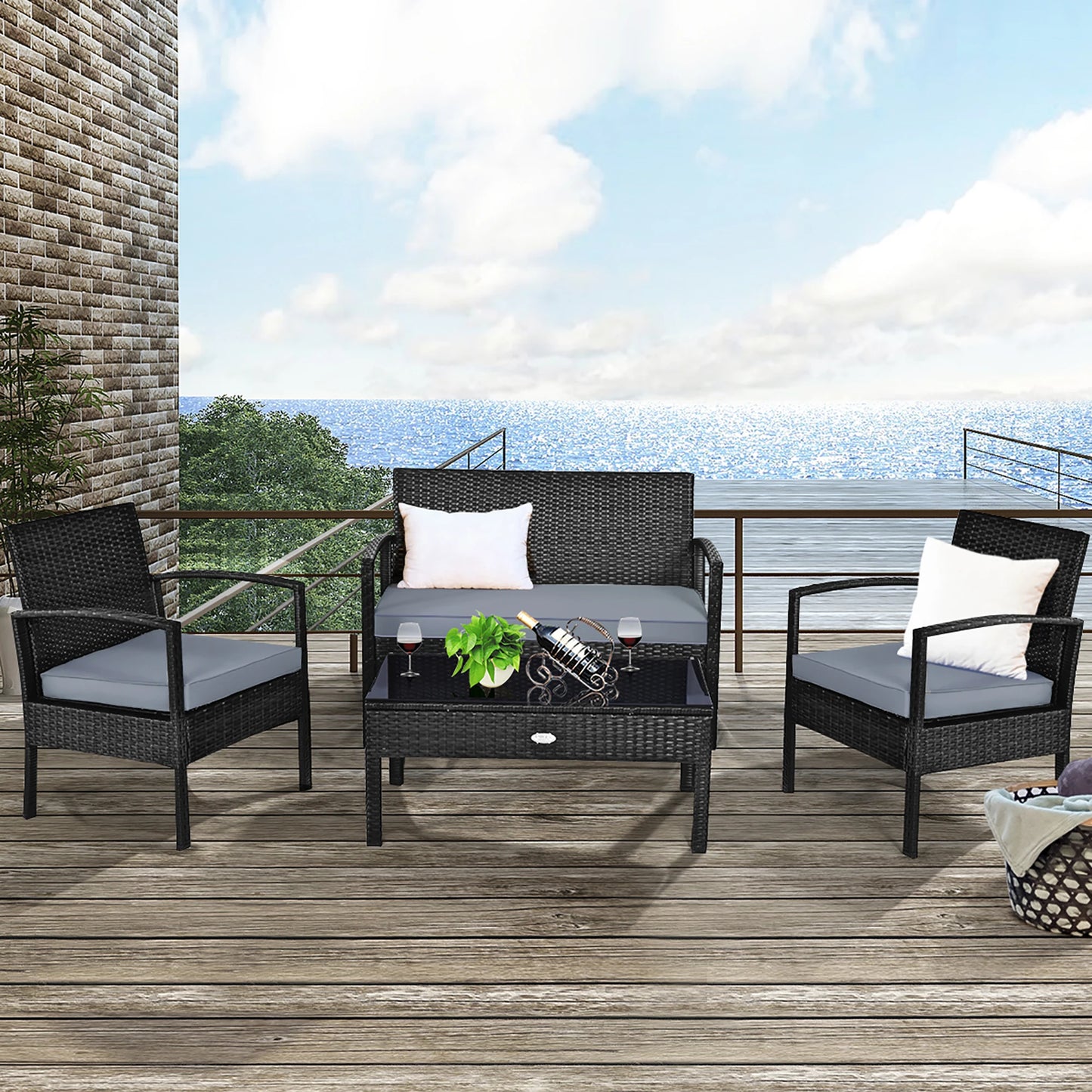 4-Piece Black Rattan Patio Set