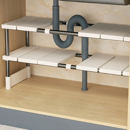 Adjustable Under Sink Storage Rack 2 Tier Pull Out Organizer Sliding Cabinet Shelf Space Saving Kitchen and Bathroom Storage Solution Easy Assembly