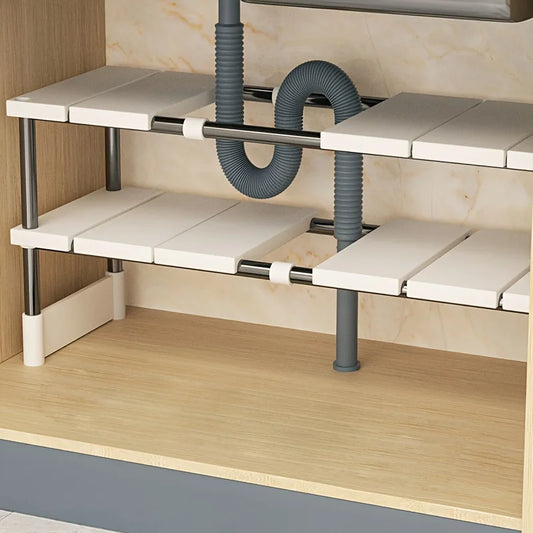 Adjustable Under Sink Storage Rack 2 Tier Pull Out Organizer Sliding Cabinet Shelf Space Saving Kitchen and Bathroom Storage Solution Easy Assembly
