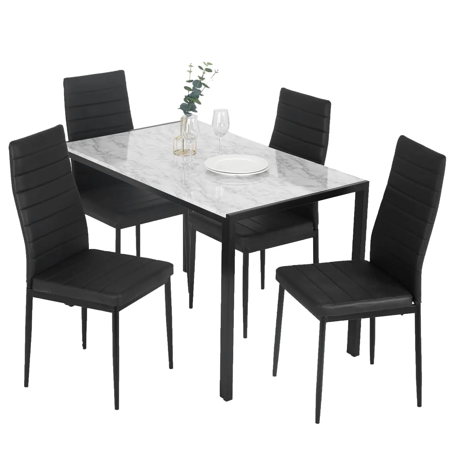 5-Piece Black Glass Dining Table Set with 4 Chairs