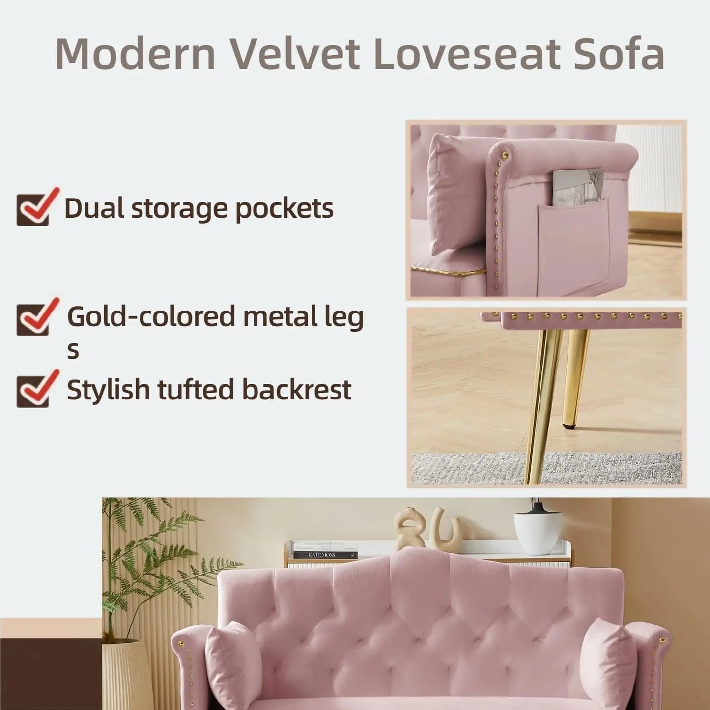 Modern Pink Velvet Sofa with Gold Legs