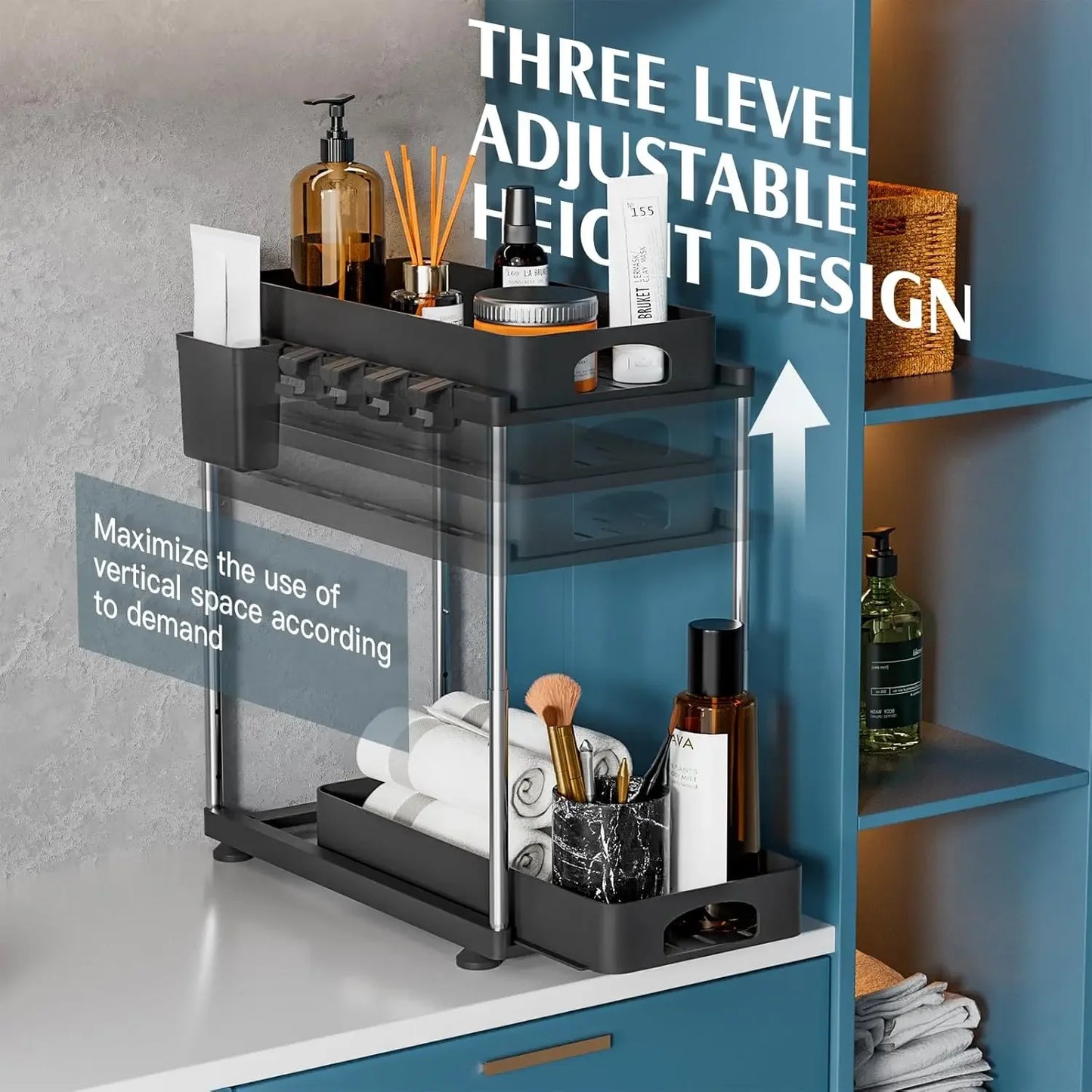 2 Pack Under Sink Organizers and Storage, Double Sliding Kitchen Cabinet Organizer, Adjustable Countertop Organizer