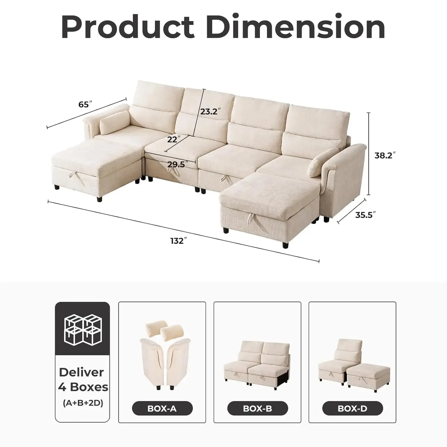 132-Inch Oversized Sectional Sofa with Storage