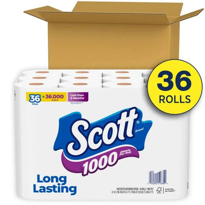 Scott 1000 Series Toilet Paper - 36 Rolls of 1000 Sheets per Roll - Soft & Durable Household Bathroom Tissue